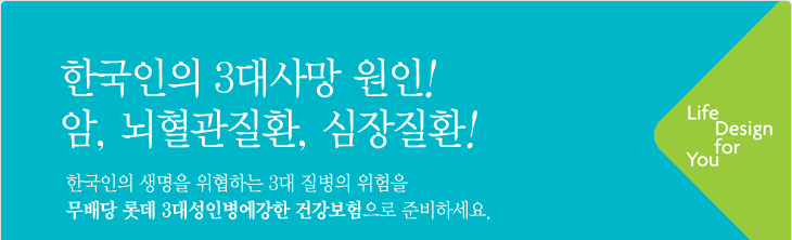 한국인의 3대사망 원인!! 암, 뇌혈관질환, 심장질환!!한국인의 생명을 위협하는 3대 질병의 위험을 무배당 롯데 3대성인병에강한 건강보험으로 준비하세요.
